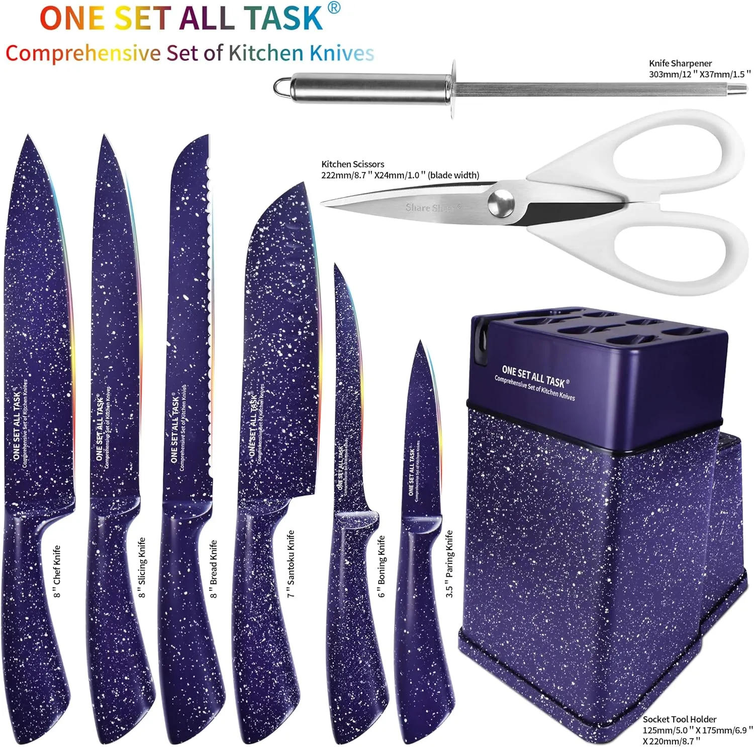 Knife Set with Block, High Carbon Stainless Steel Knife Block Set, Kitchen Knife Block Set with Built in Sharpener, Scissor, Chef, Bread, Santoku, Fruit, Boning, Serrated Bread Knife Set