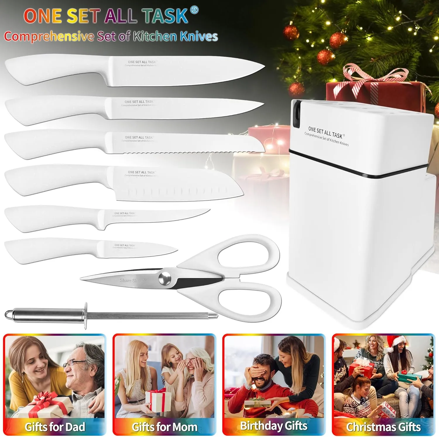 Knife Set with Block, High Carbon Stainless Steel Knife Block Set, Kitchen Knife Block Set with Built in Sharpener, Scissor, Chef, Bread, Santoku, Fruit, Boning, Serrated Bread Knife Set