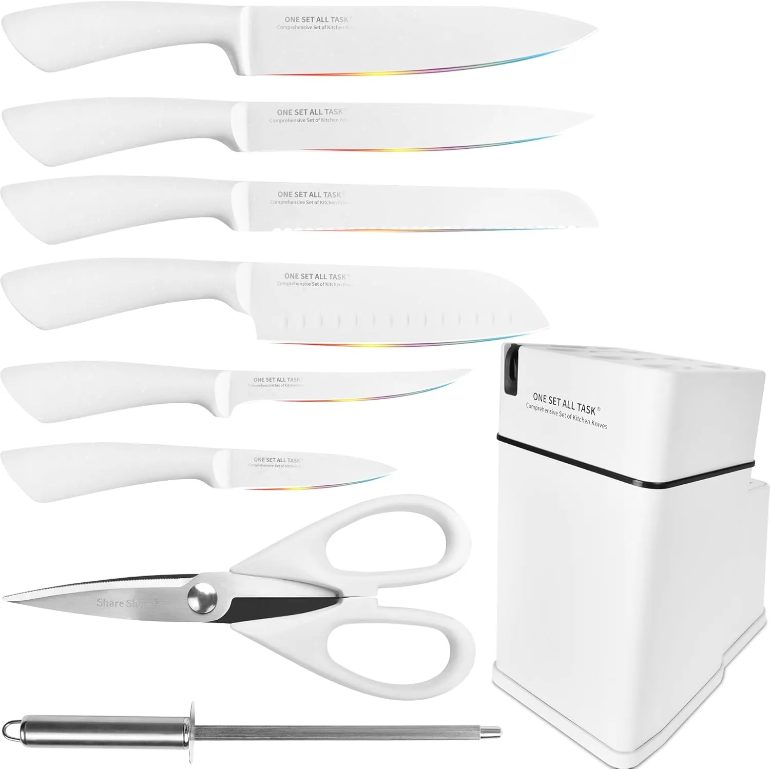 Knife Set with Block, High Carbon Stainless Steel Knife Block Set, Kitchen Knife Block Set with Built in Sharpener, Scissor, Chef, Bread, Santoku, Fruit, Boning, Serrated Bread Knife Set