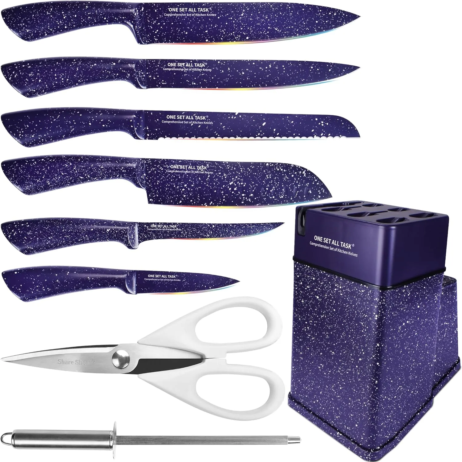 Knife Set with Block, High Carbon Stainless Steel Knife Block Set, Kitchen Knife Block Set with Built in Sharpener, Scissor, Chef, Bread, Santoku, Fruit, Boning, Serrated Bread Knife Set