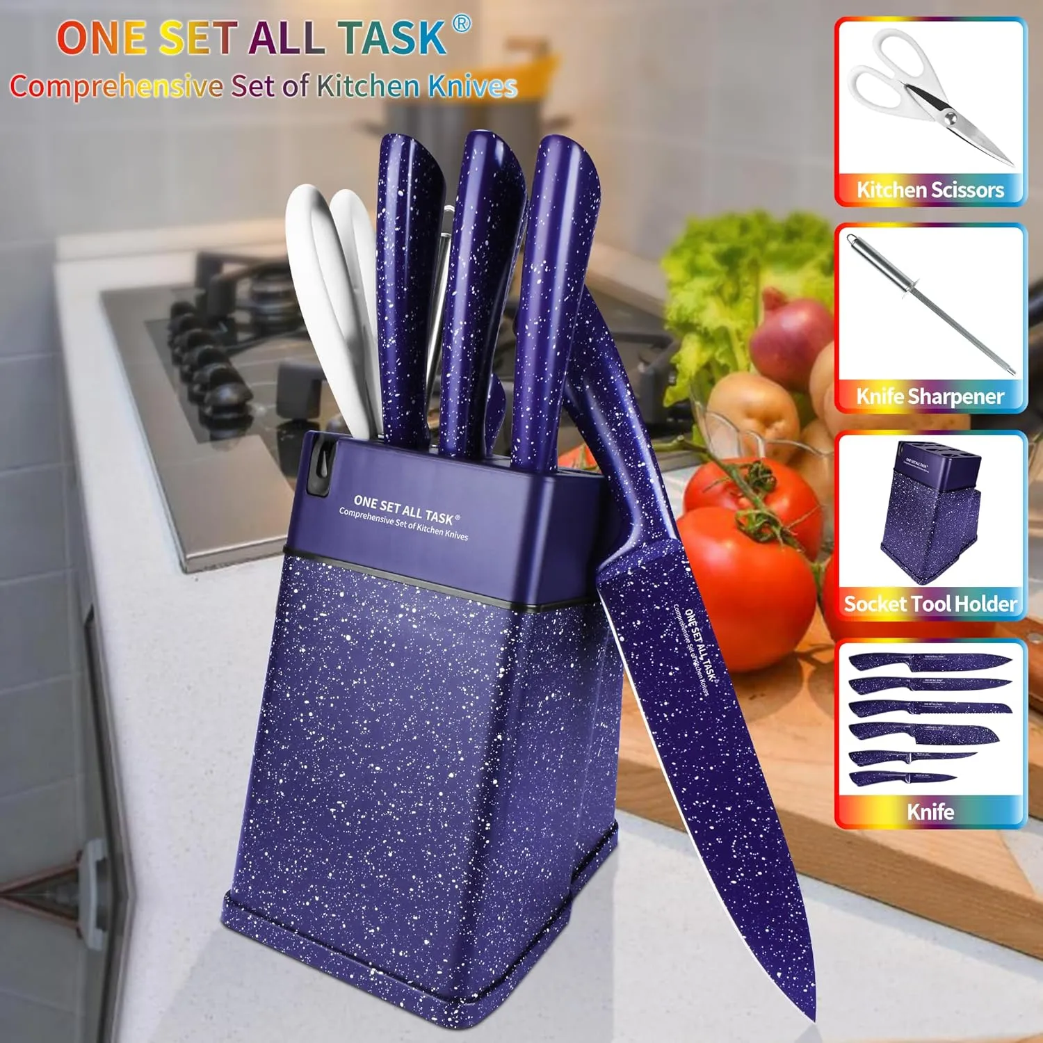 Knife Set with Block, High Carbon Stainless Steel Knife Block Set, Kitchen Knife Block Set with Built in Sharpener, Scissor, Chef, Bread, Santoku, Fruit, Boning, Serrated Bread Knife Set