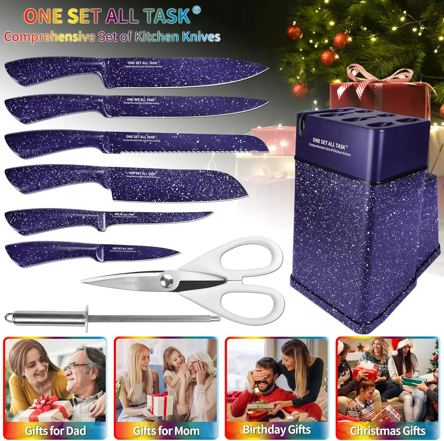 Knife Set with Block, High Carbon Stainless Steel Knife Block Set, Kitchen Knife Block Set with Built in Sharpener, Scissor, Chef, Bread, Santoku, Fruit, Boning, Serrated Bread Knife Set