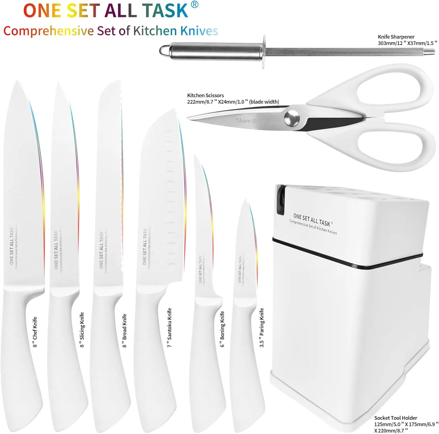 Knife Set with Block, High Carbon Stainless Steel Knife Block Set, Kitchen Knife Block Set with Built in Sharpener, Scissor, Chef, Bread, Santoku, Fruit, Boning, Serrated Bread Knife Set