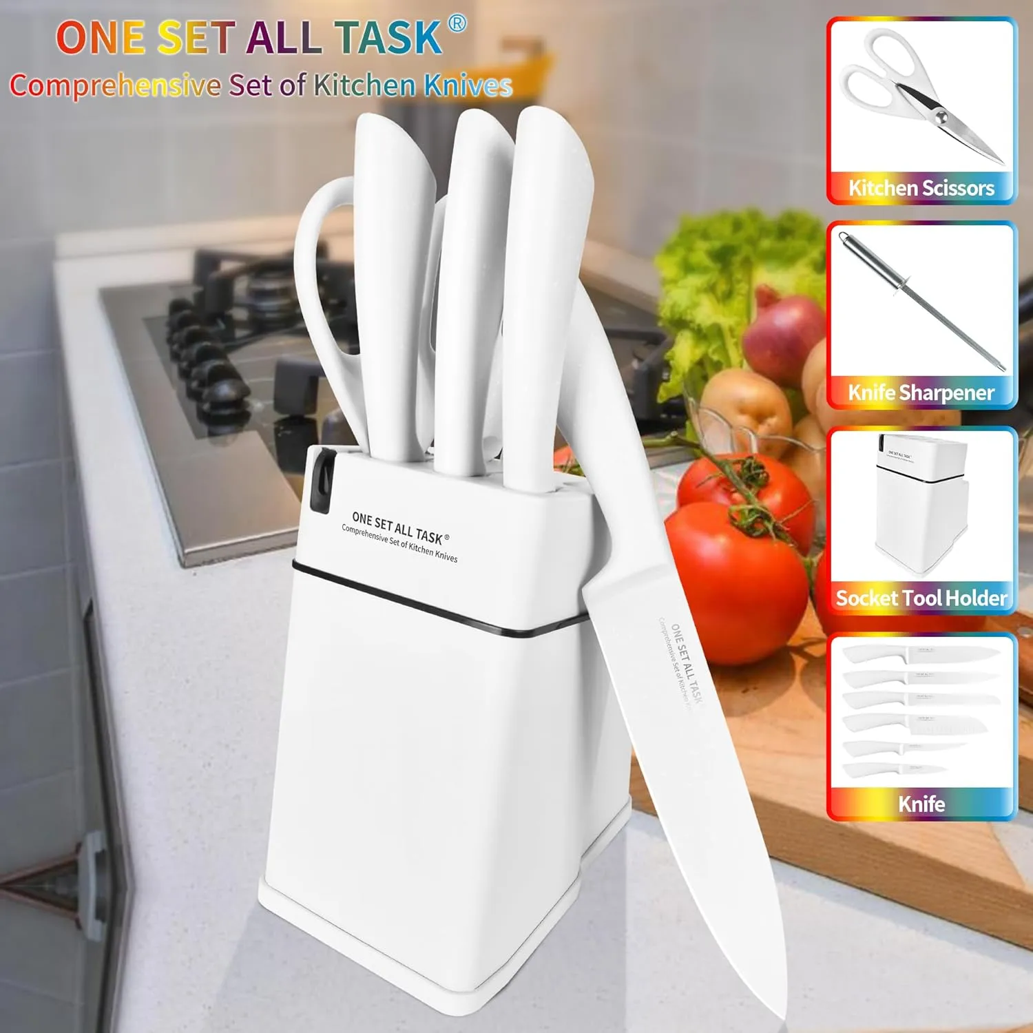 Knife Set with Block, High Carbon Stainless Steel Knife Block Set, Kitchen Knife Block Set with Built in Sharpener, Scissor, Chef, Bread, Santoku, Fruit, Boning, Serrated Bread Knife Set