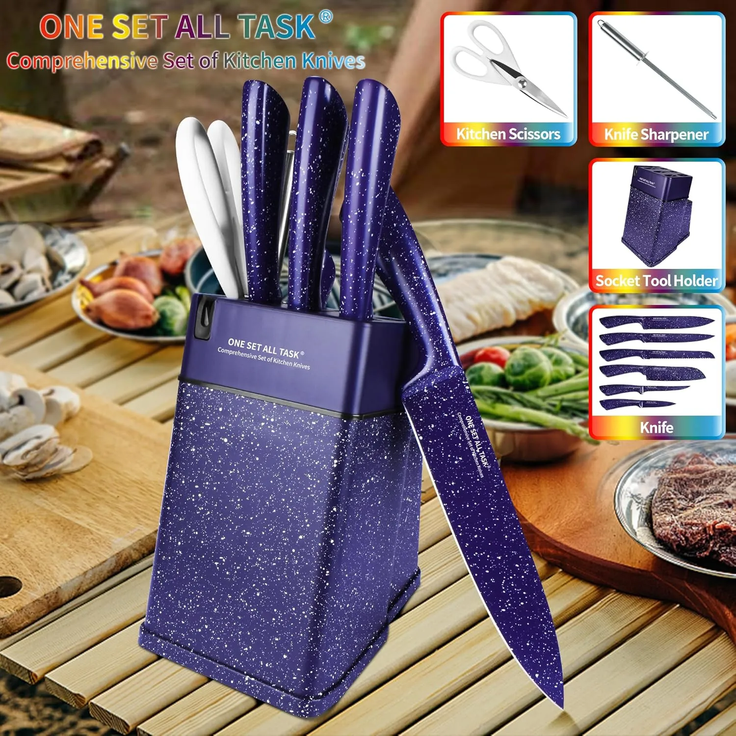 Knife Set with Block, High Carbon Stainless Steel Knife Block Set, Kitchen Knife Block Set with Built in Sharpener, Scissor, Chef, Bread, Santoku, Fruit, Boning, Serrated Bread Knife Set