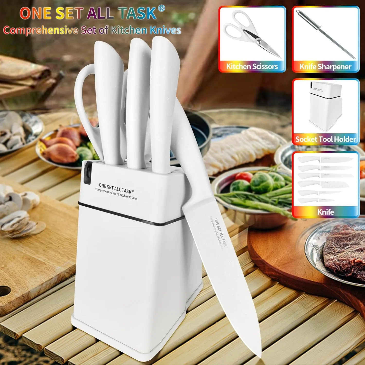 Knife Set with Block, High Carbon Stainless Steel Knife Block Set, Kitchen Knife Block Set with Built in Sharpener, Scissor, Chef, Bread, Santoku, Fruit, Boning, Serrated Bread Knife Set