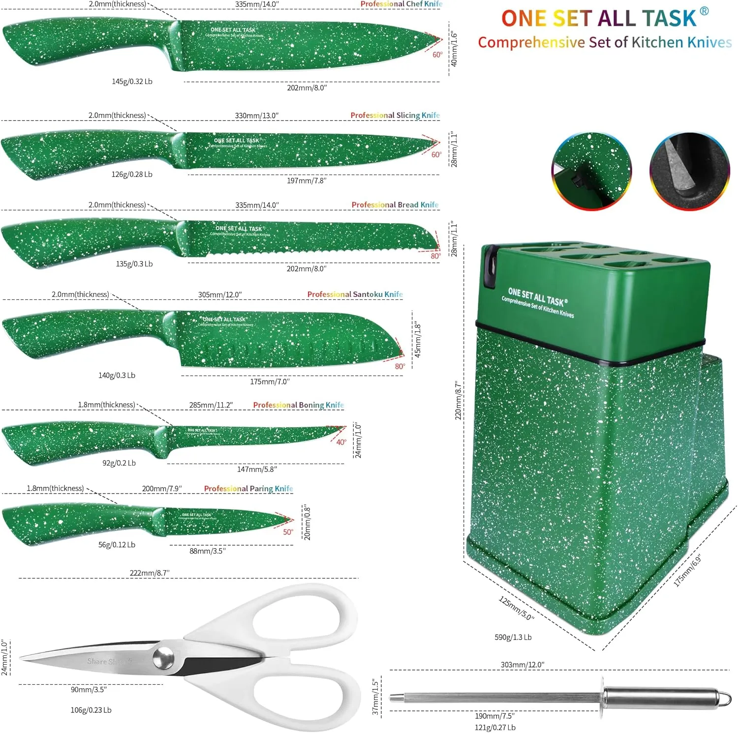 Knife Set with Block, High Carbon Stainless Steel Knife Block Set, Kitchen Knife Block Set with Built in Sharpener, Scissor, Chef, Bread, Santoku, Fruit, Boning, Serrated Bread Knife Set