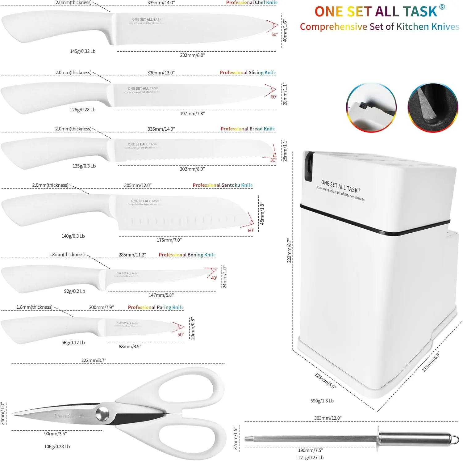 Knife Set with Block, High Carbon Stainless Steel Knife Block Set, Kitchen Knife Block Set with Built in Sharpener, Scissor, Chef, Bread, Santoku, Fruit, Boning, Serrated Bread Knife Set