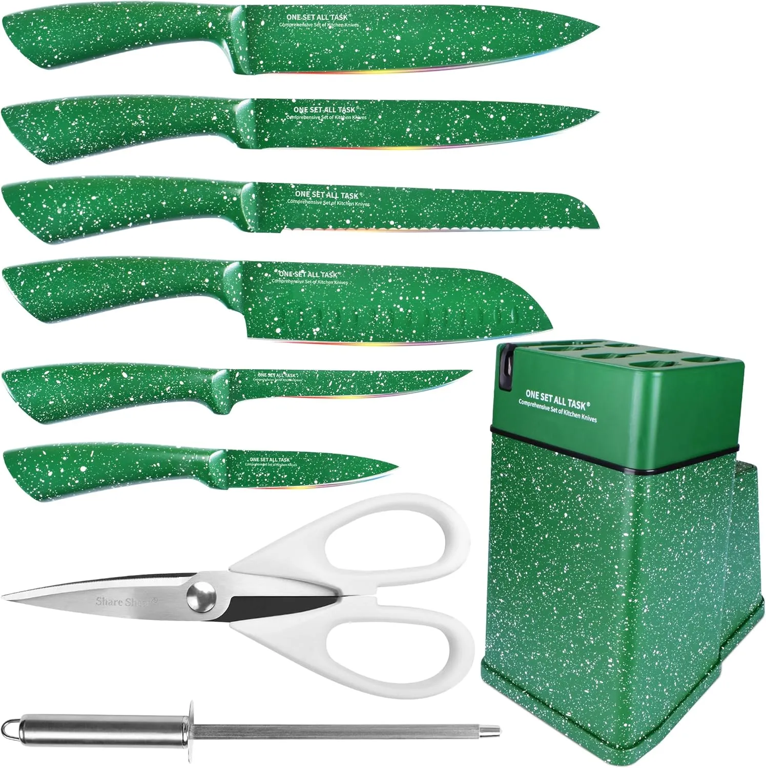 Knife Set with Block, High Carbon Stainless Steel Knife Block Set, Kitchen Knife Block Set with Built in Sharpener, Scissor, Chef, Bread, Santoku, Fruit, Boning, Serrated Bread Knife Set