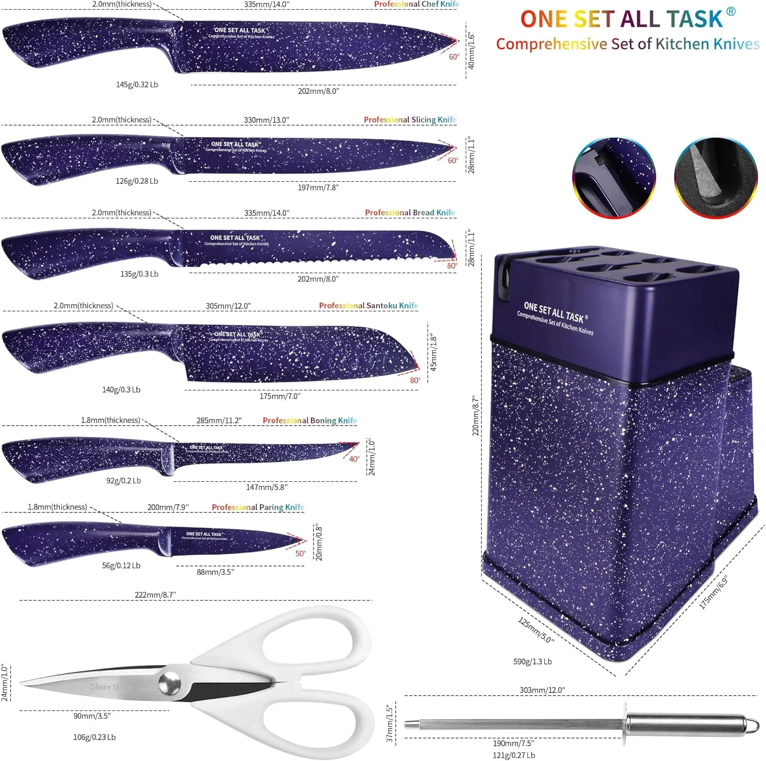 Knife Set with Block, High Carbon Stainless Steel Knife Block Set, Kitchen Knife Block Set with Built in Sharpener, Scissor, Chef, Bread, Santoku, Fruit, Boning, Serrated Bread Knife Set