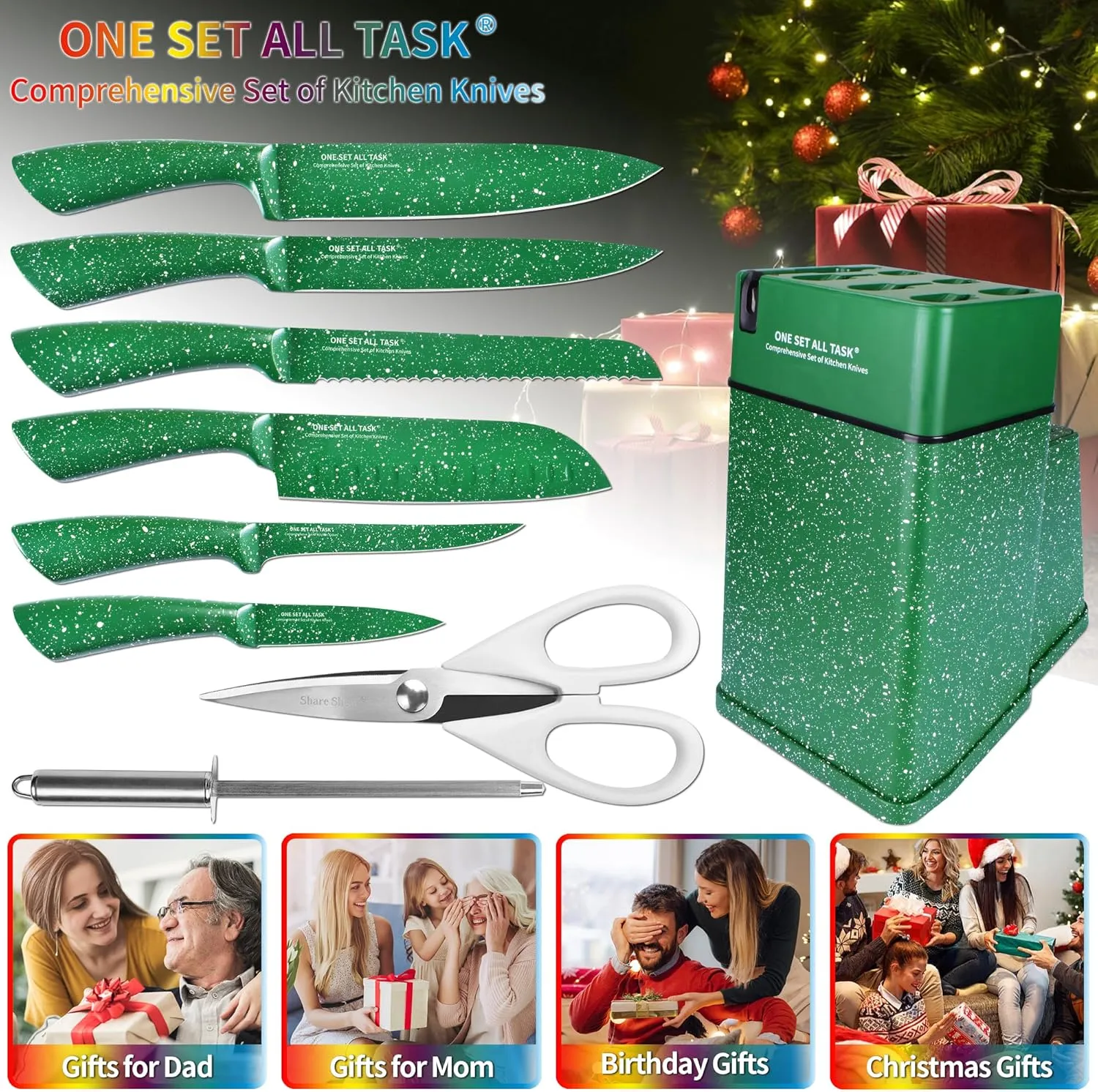 Knife Set with Block, High Carbon Stainless Steel Knife Block Set, Kitchen Knife Block Set with Built in Sharpener, Scissor, Chef, Bread, Santoku, Fruit, Boning, Serrated Bread Knife Set
