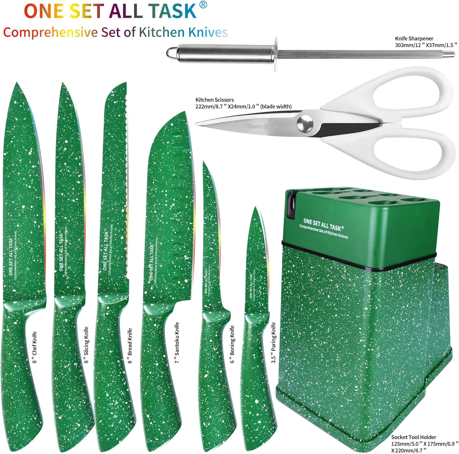 Knife Set with Block, High Carbon Stainless Steel Knife Block Set, Kitchen Knife Block Set with Built in Sharpener, Scissor, Chef, Bread, Santoku, Fruit, Boning, Serrated Bread Knife Set