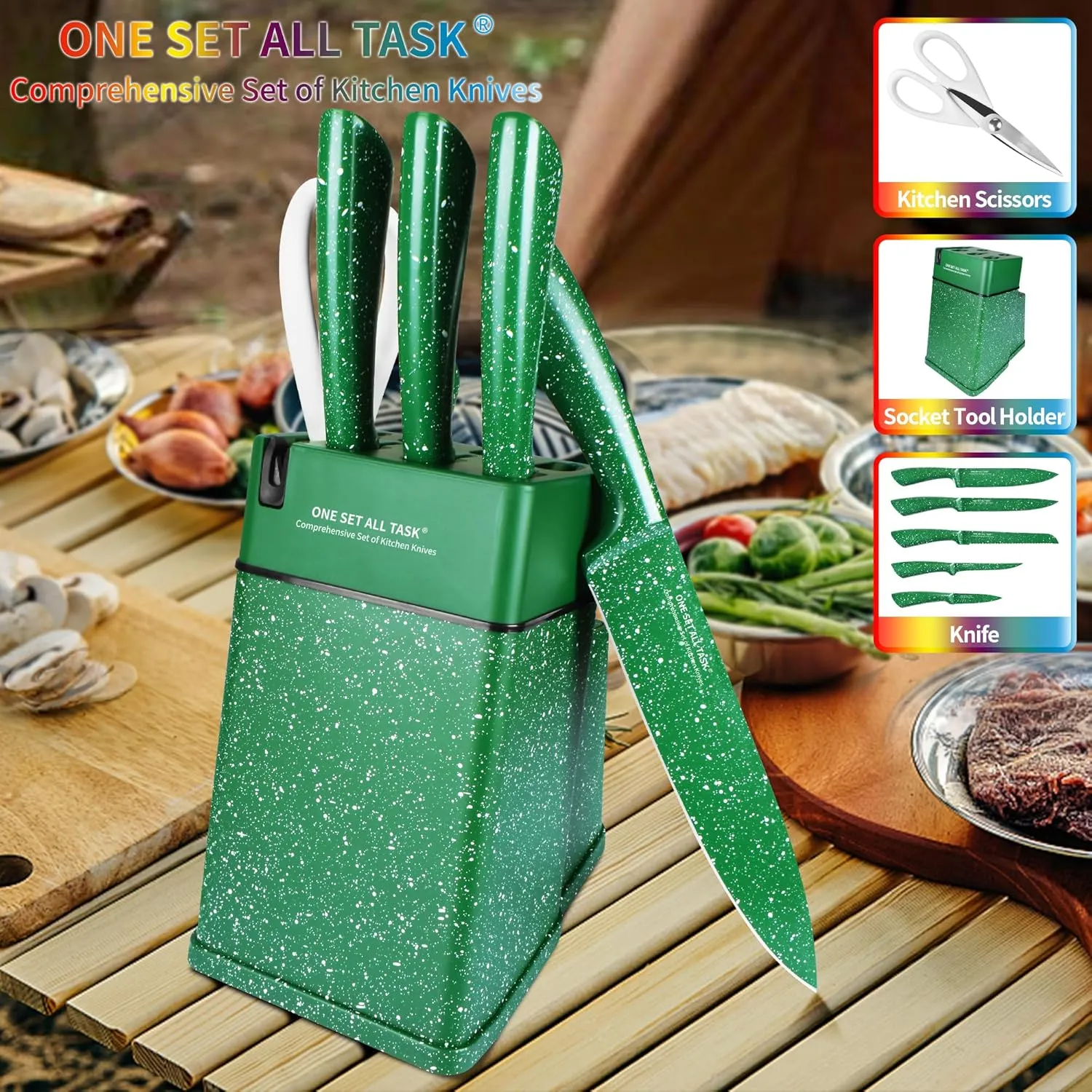 Knife Set with Block, High Carbon Stainless Steel Knife Block Set, Kitchen Knife Block Set with Built in Sharpener, Scissor, Chef, Bread, Santoku, Fruit, Boning, Serrated Bread Knife Set