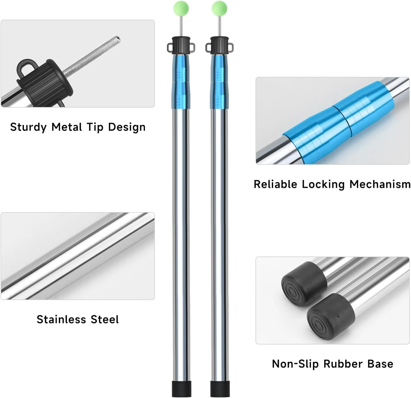 KOMCLUB Telescoping Tent Tarp Pole Adjustable Tarp Poles 3 Section Heavy Duty Canopy Poles Stainless Steel Portable Camping Poles 33"-86.61" for Hiking Car Canopy Awning 2Pcs Set (Blue)