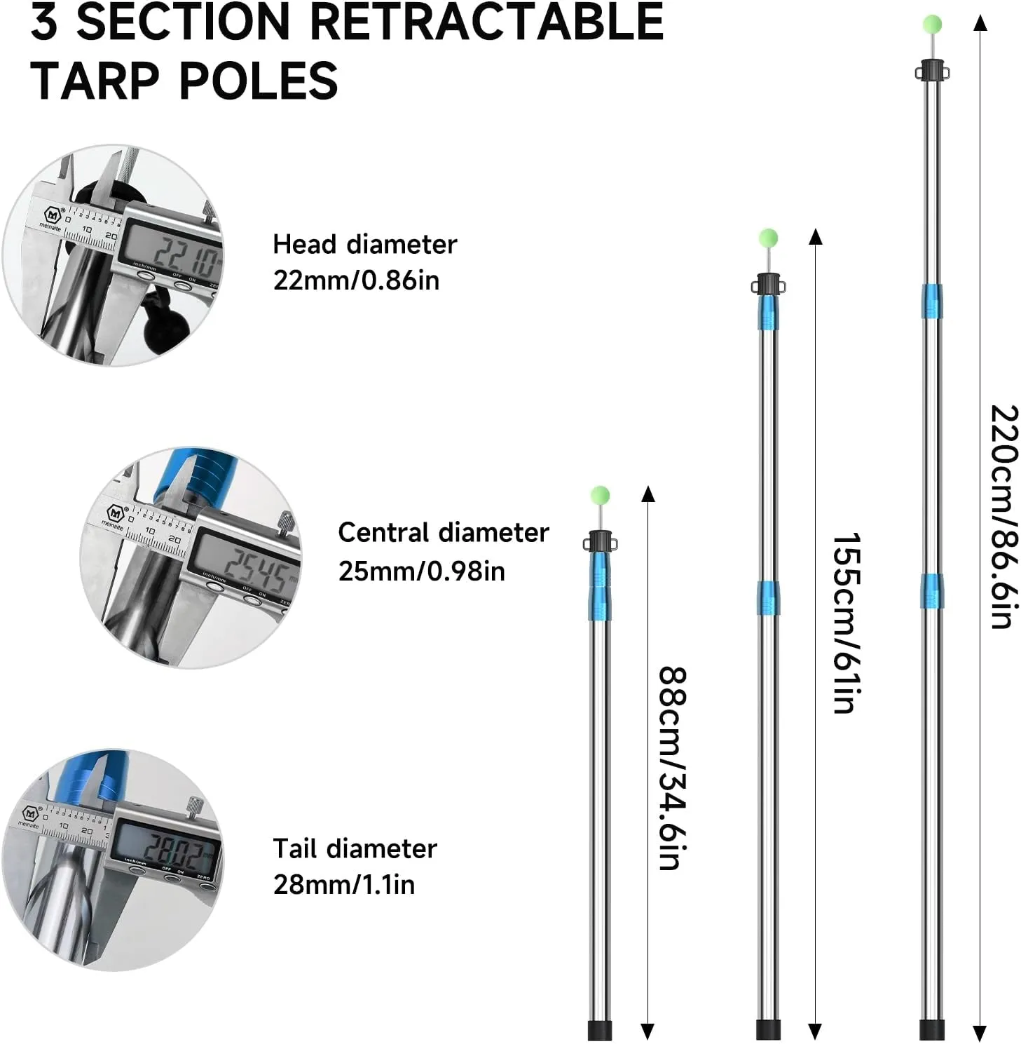 KOMCLUB Telescoping Tent Tarp Pole Adjustable Tarp Poles 3 Section Heavy Duty Canopy Poles Stainless Steel Portable Camping Poles 33"-86.61" for Hiking Car Canopy Awning 2Pcs Set (Blue)