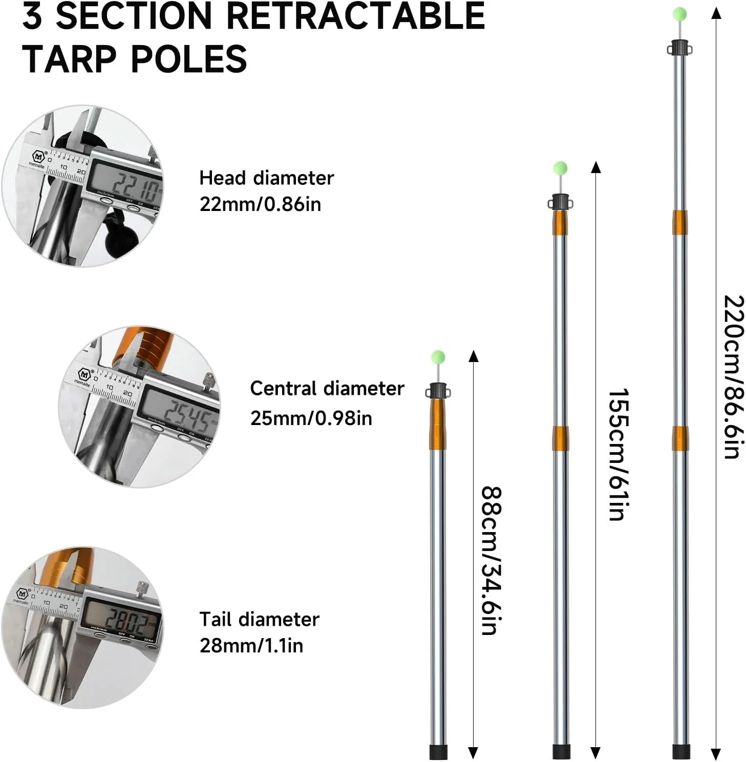 KOMCLUB Telescoping Tent Tarp Pole Adjustable Tarp Poles 3 Section Heavy Duty Canopy Poles Stainless Steel Portable Camping Poles 33"-86.61" for Hiking Car Canopy Awning 2Pcs Set (Gold)
