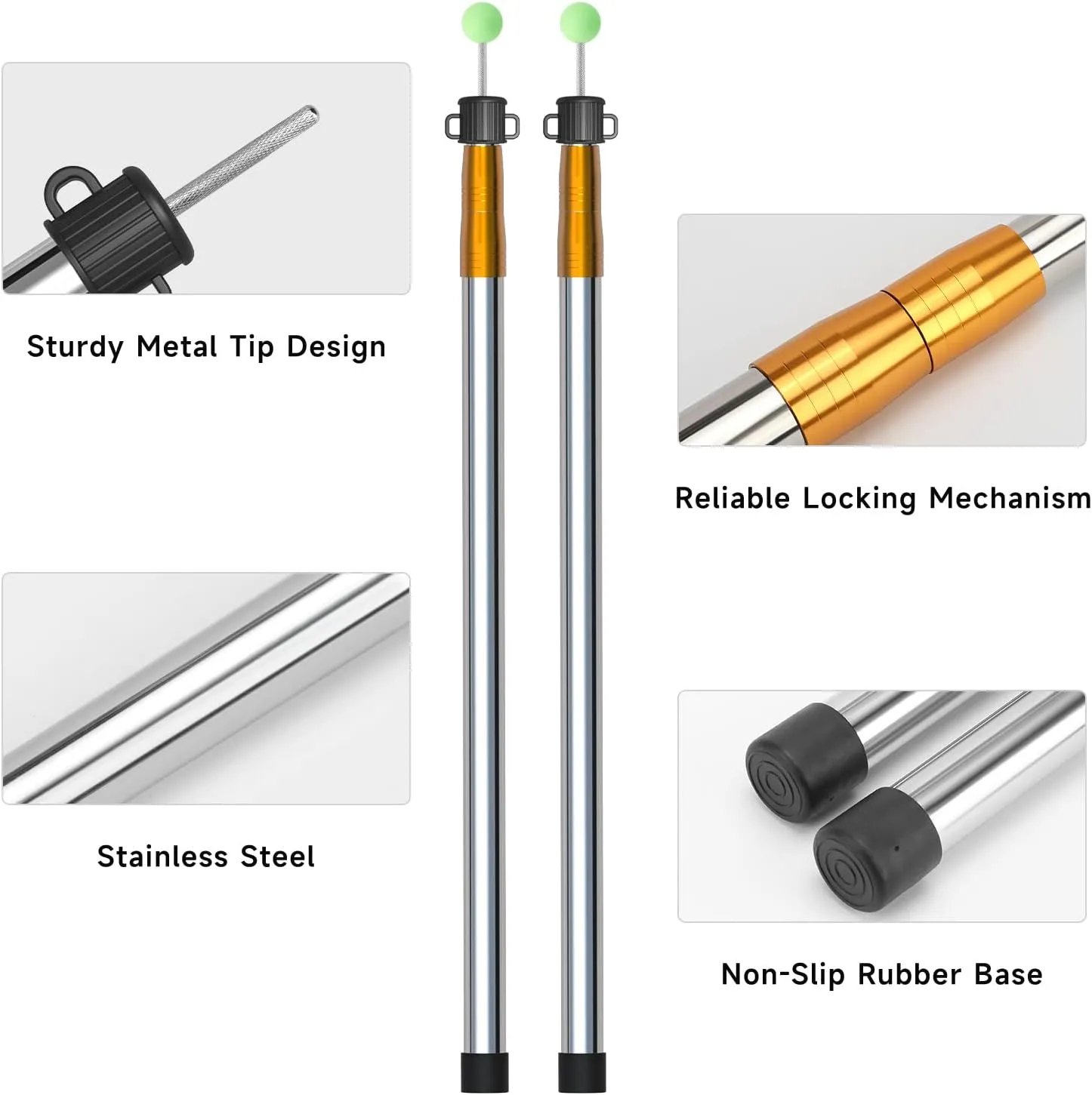KOMCLUB Telescoping Tent Tarp Pole Adjustable Tarp Poles 3 Section Heavy Duty Canopy Poles Stainless Steel Portable Camping Poles 33"-86.61" for Hiking Car Canopy Awning 2Pcs Set (Gold)