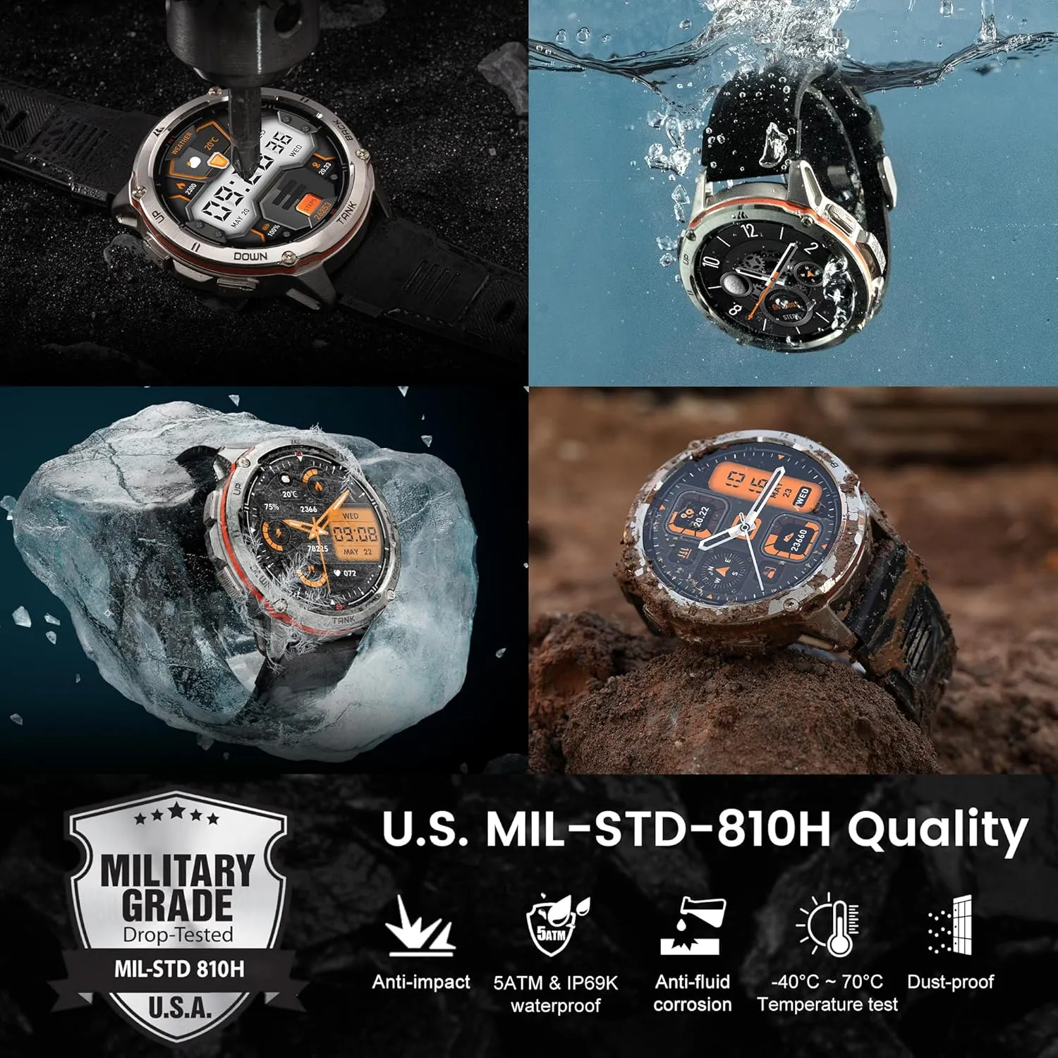 KOSPET Tank T3 Ultra Smart Watch for Men GPS, Extra-Long Battery, 50M Waterproof, Stainless Steel Unibody Rugged Smartwatch with Bluetooth Calling, 1.43" AMOLED Display, Pressure&Altitude&Compass