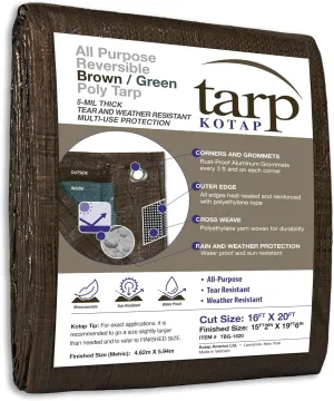 Kotap 16 x 20 Ft. All-Purpose Multi-Use Protection/Coverage 5-mil Poly Tarp, Reversible, Waterproof, Brown/Green, (TBG-1620)