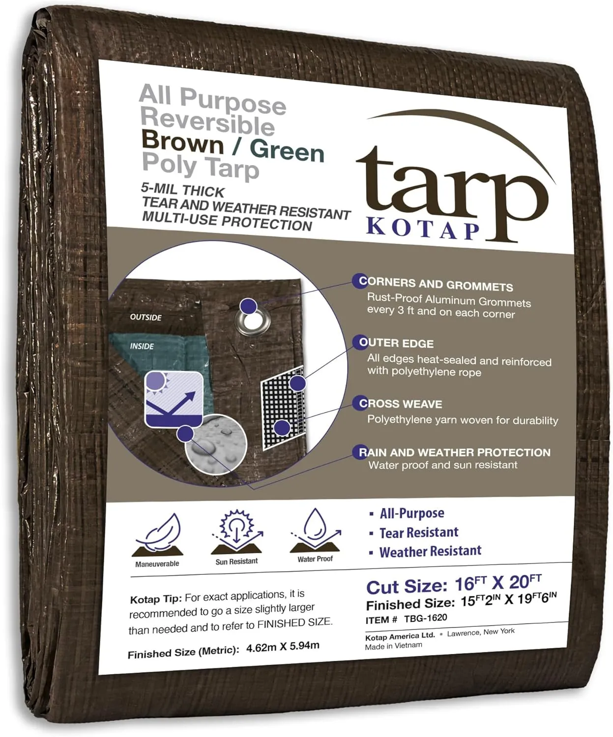 Kotap 16 x 20 Ft. All-Purpose Multi-Use Protection/Coverage 5-mil Poly Tarp, Reversible, Waterproof, Brown/Green, (TBG-1620)