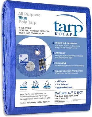 Kotap 50 x 100 Ft. All-Purpose Multi-Use Protection/Coverage 5-mil Poly Tarp, Waterproof, Blue, (TRA-50100)