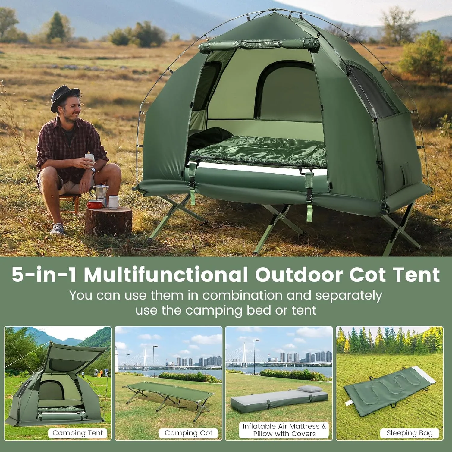 KOTEK 5-in-1 Tent Cot with Air Mattress, Sleeping Bag, Pillow, Canopy, Zippered Mesh Windows & Carry Bag, Elevated Tent for Camping, Hiking, Traveling, Picnic