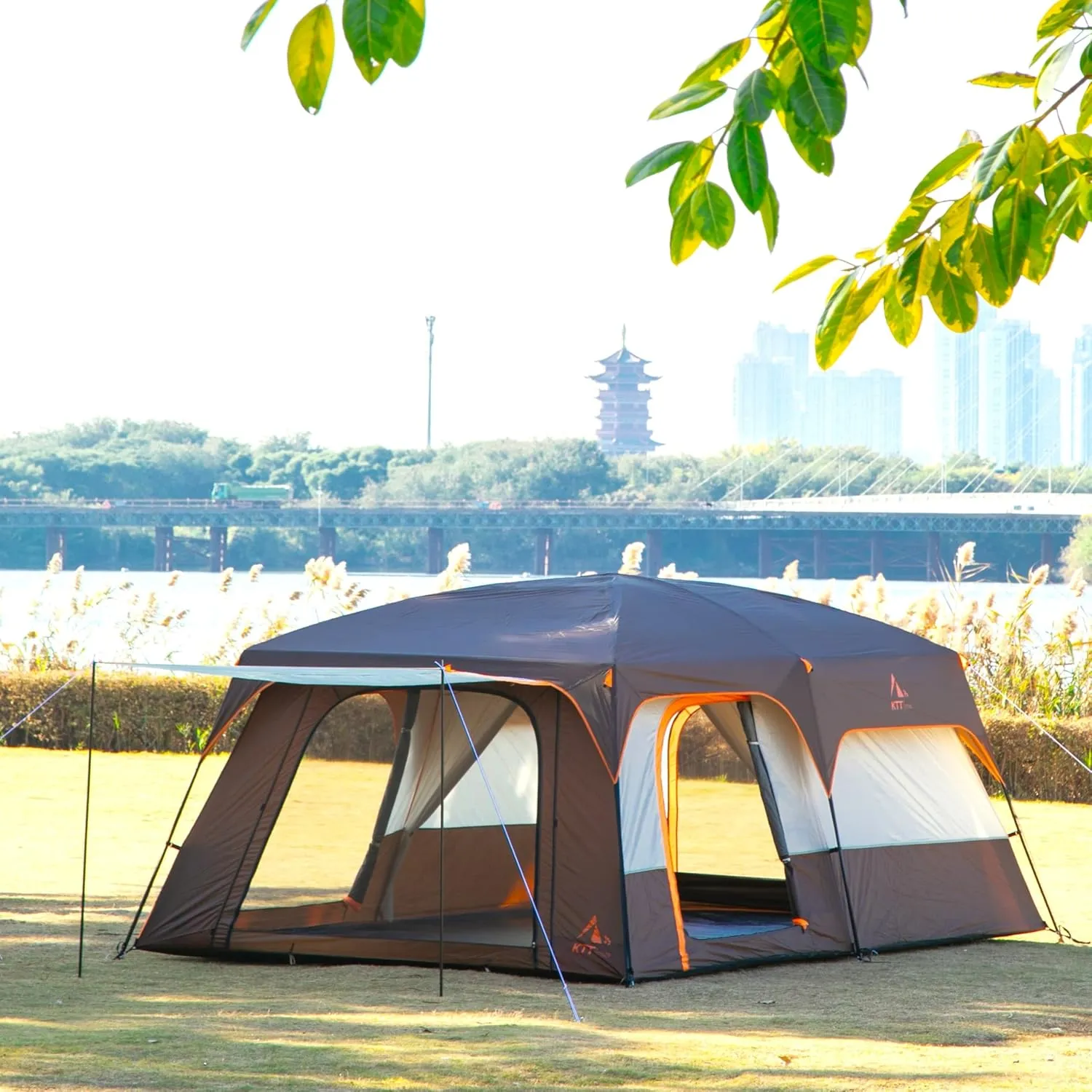 KTT Extra Large Tent 10-12-14 Person(A),Family Cabin Tents,2 Rooms,3 Doors and 3 Windows with Mesh,Straight Wall,Waterproof,Double Layer,Big Tent for Outdoor,Picnic,Camping,Family Gathering