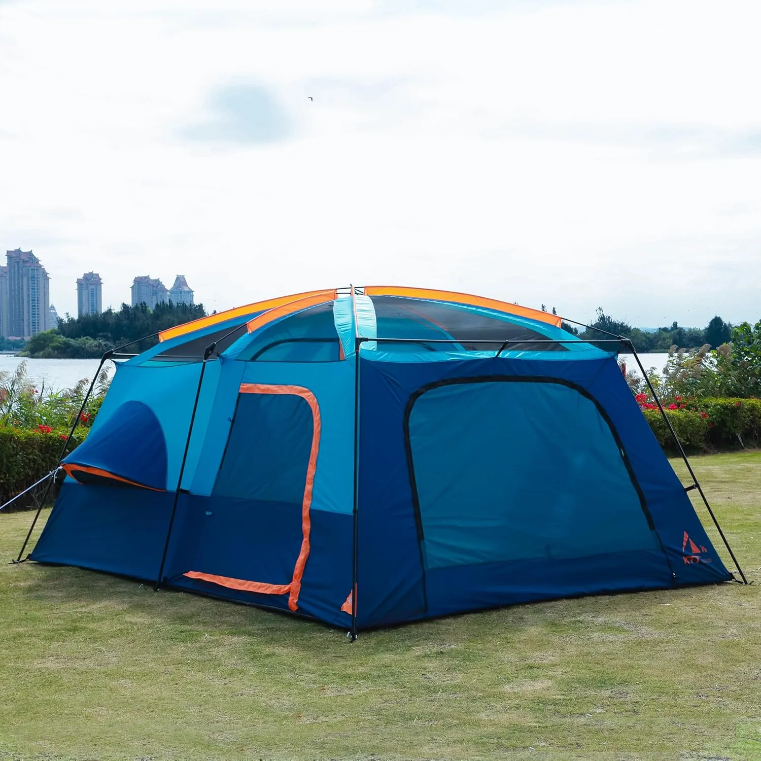 KTT Extra Large Tent 10-12-14 Person(Style-B),Family Cabin Tents,2 Rooms,3 Doors and 3 Windows with Mesh,Straight Wall,Waterproof,Double Layer,Big Tent for Outdoor,Picnic,Camping,Family Gathering