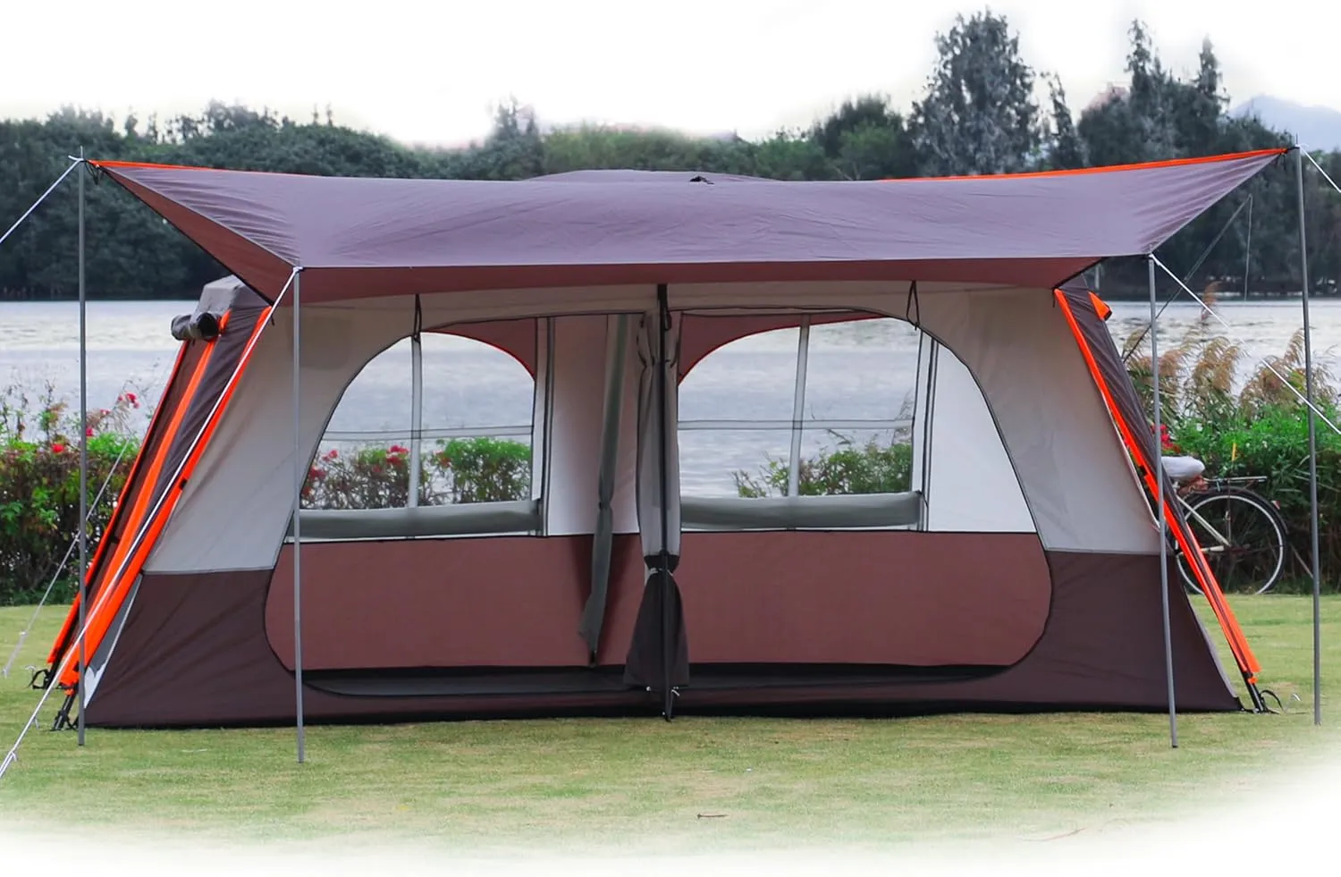 KTT Extra Large Tent 12 Person,Family Cabin Tents,Full rainfly,2 Rooms,3 Doors and 3 Windows with Mesh,Straight Wall,Waterproof,Double Layer,Big Tent for Outdoor,Picnic,Camping,Family Gathering