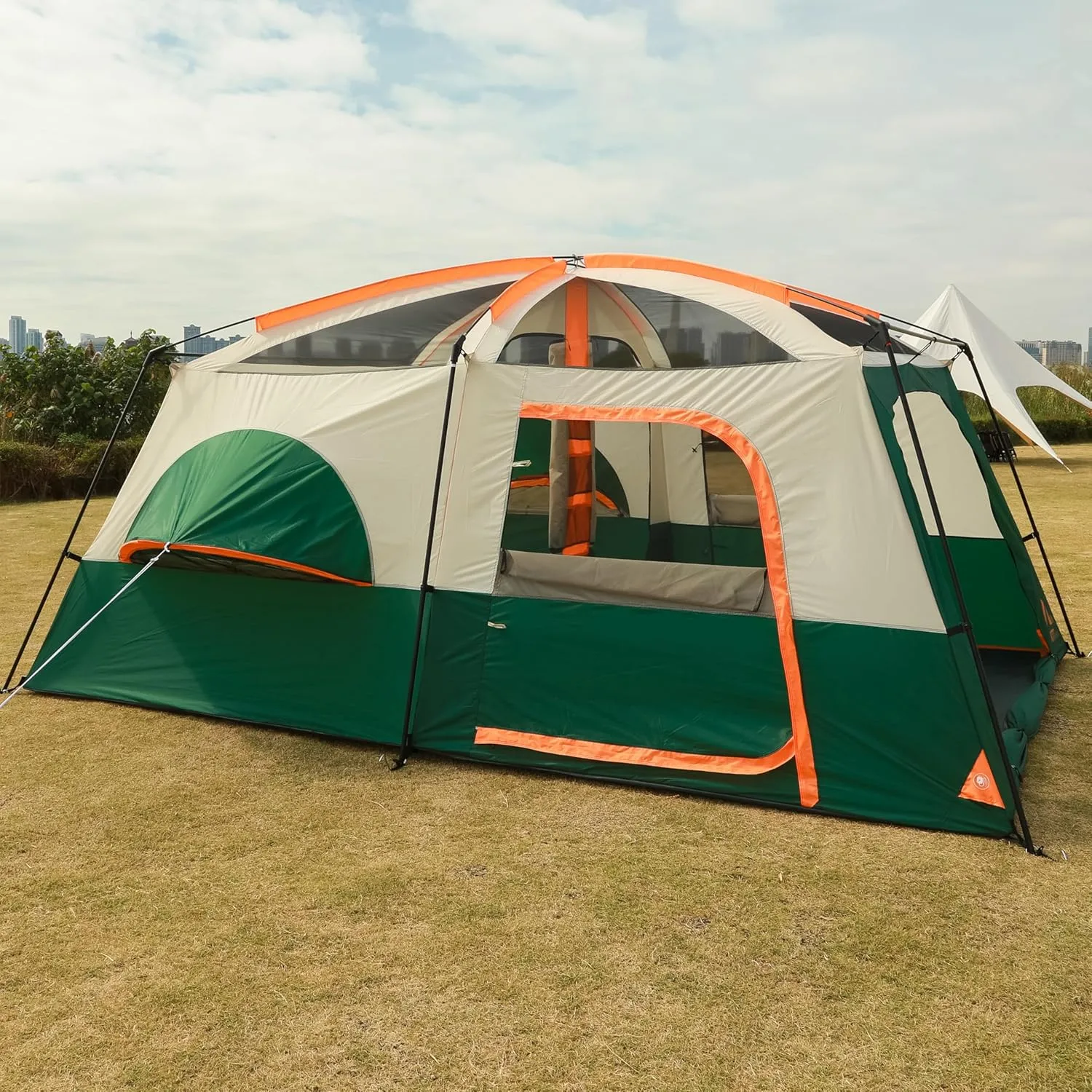 KTT Large Family Cabin Tent 10-12 Person,14.1X10X6.58ft,2 Rooms,3 Storage Pockets,2 Bay-Windows 3 Doors and 3 Windows with Mesh,Straight Wall,Waterproof,Double Layer,Big Tent for Outdoor,Camping
