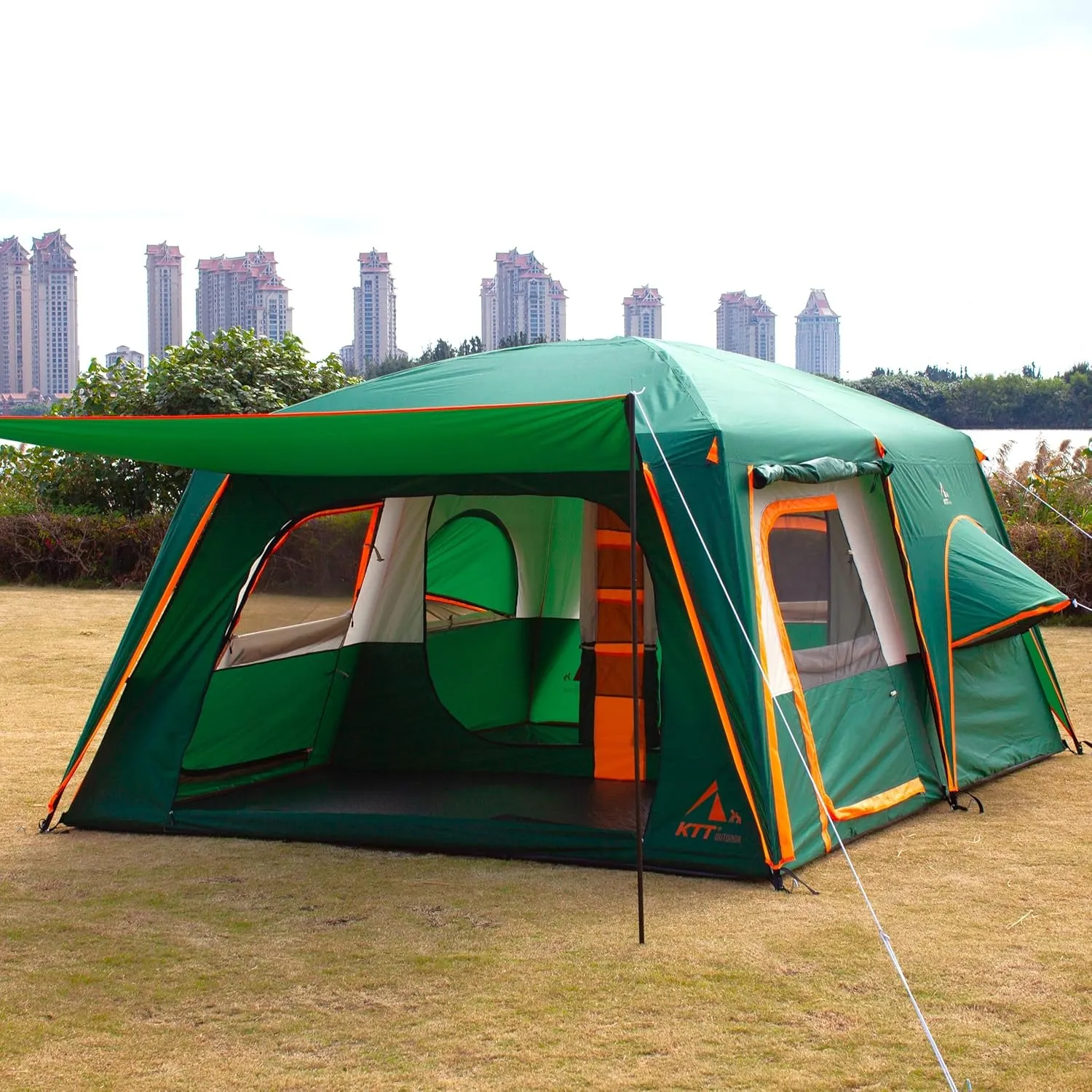 KTT Large Family Cabin Tent 10-12 Person,14.1X10X6.58ft,2 Rooms,3 Storage Pockets,2 Bay-Windows 3 Doors and 3 Windows with Mesh,Straight Wall,Waterproof,Double Layer,Big Tent for Outdoor,Camping