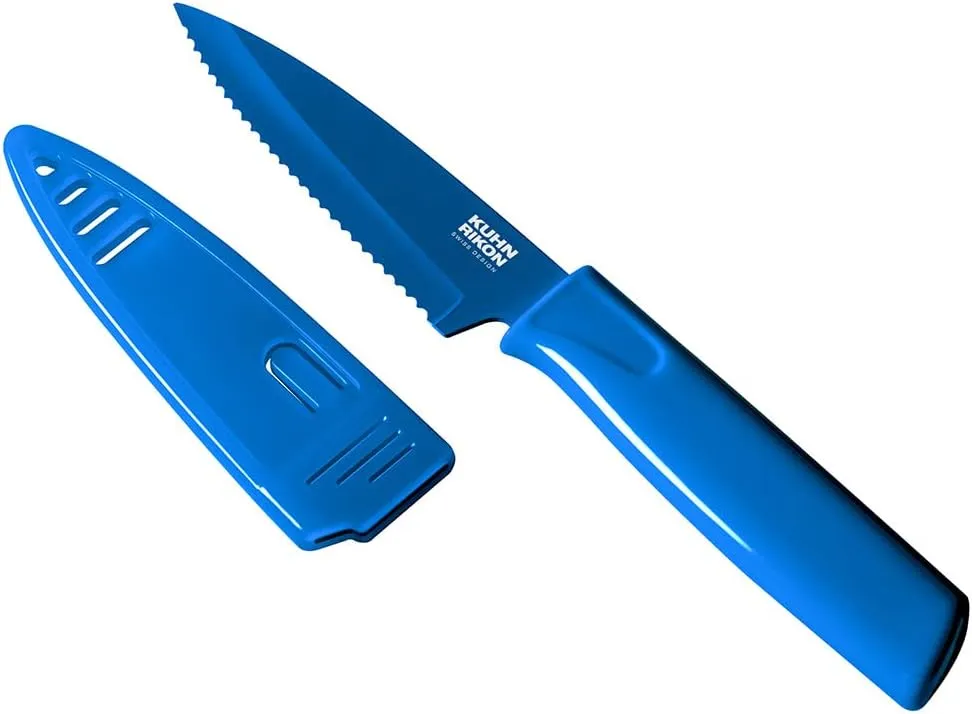 KUHN RIKON Colori Non-Stick Serrated Paring Knife with Safety Sheath, 4 inch, Blue