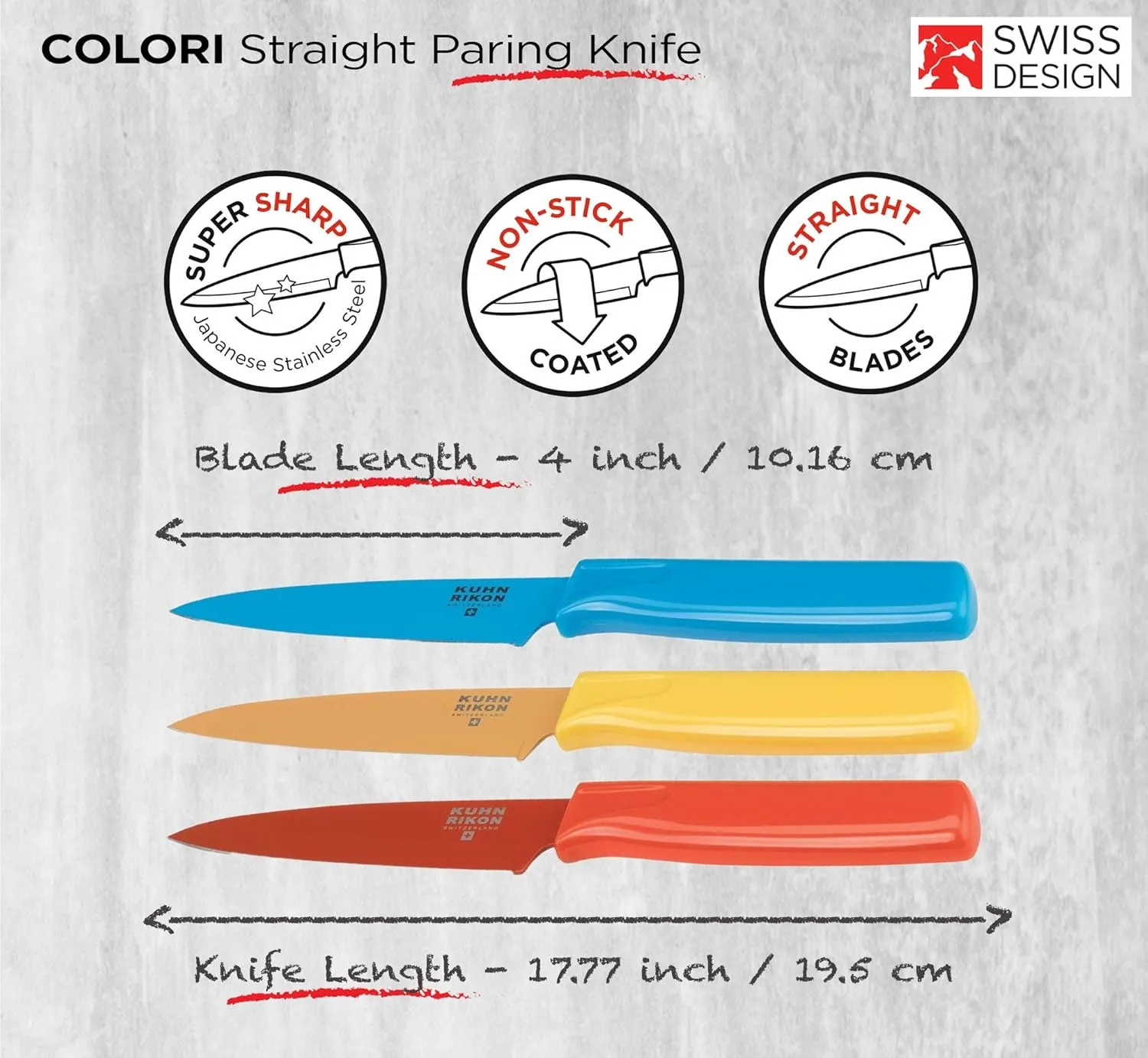 Kuhn Rikon Straight Paring Knife with Safety Sheath, 4 inch/10.16 cm Blade, Red, Yellow & Blue (Pack of 1)