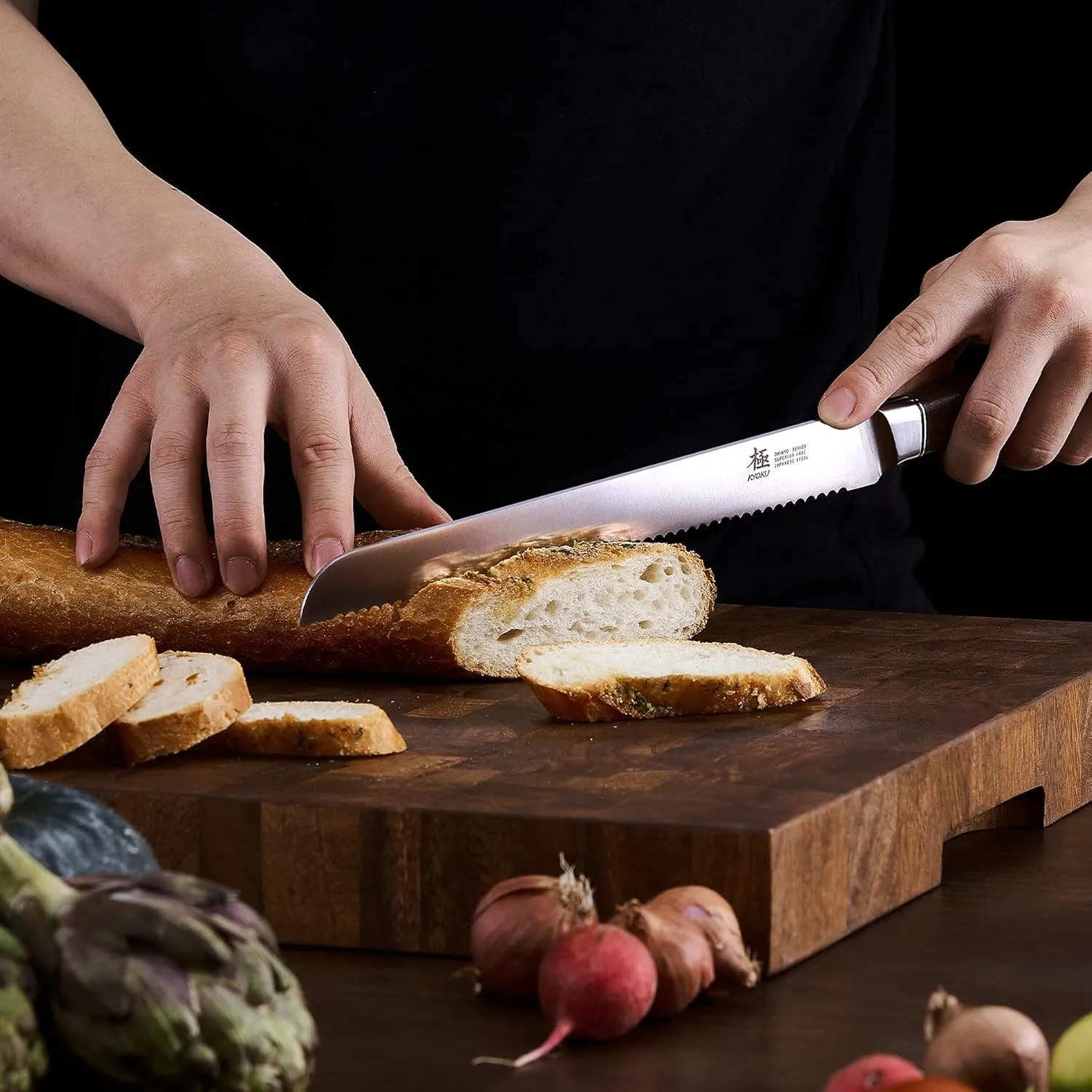 KYOKU 10 Inch Bread Knife - Daimyo Series - Serrated Knife with Ergonomic Rosewood Handle, and Mosaic Pin - Japanese 440C Stainless Steel Bread Cutter with Sheath and Case