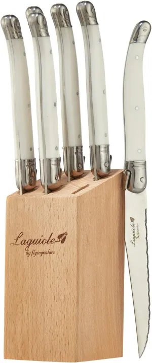 Laguiole By FlyingColors Steak Knife Set, Micro Serrated Blade, Stainless Steel, Wood Block, White Color Handle, 6 Pieces