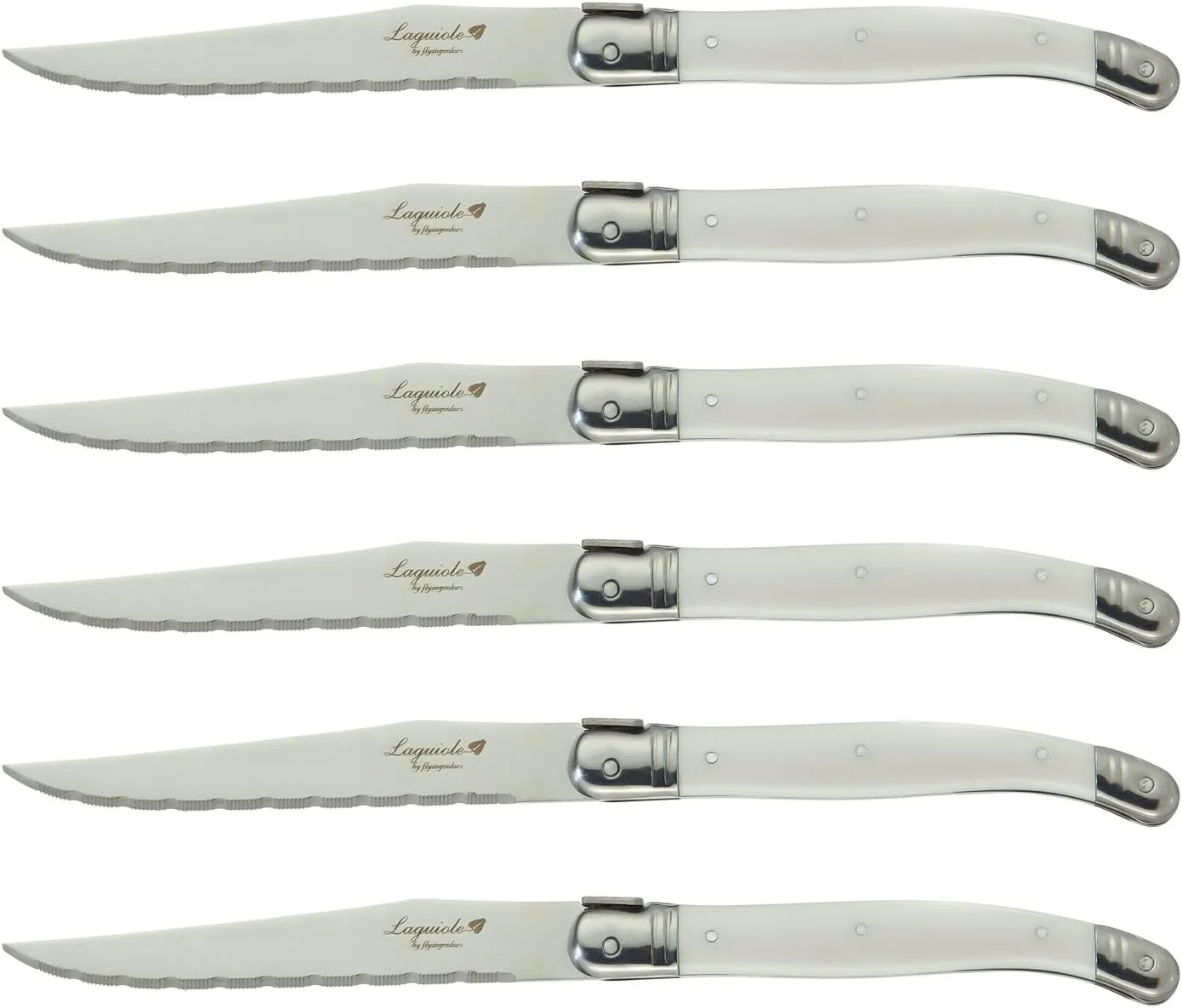 Laguiole By FlyingColors Steak Knife Set, Micro Serrated Blade, Stainless Steel, Wood Block, White Color Handle, 6 Pieces