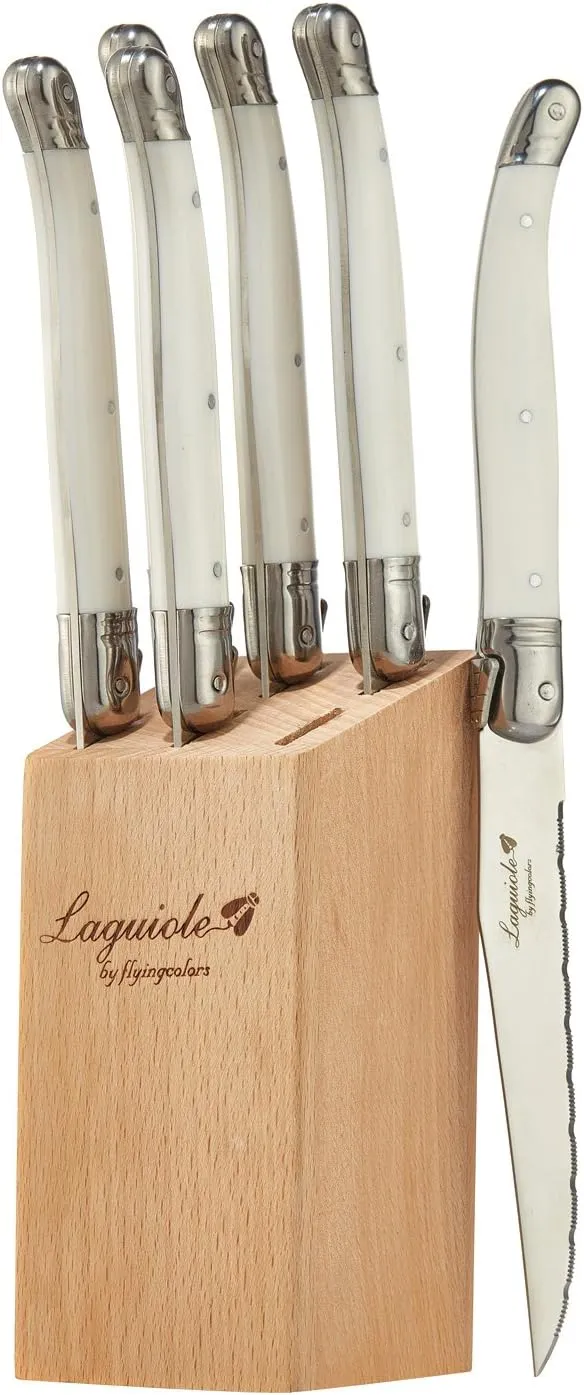 Laguiole By FlyingColors Steak Knife Set, Micro Serrated Blade, Stainless Steel, Wood Block, White Color Handle, 6 Pieces