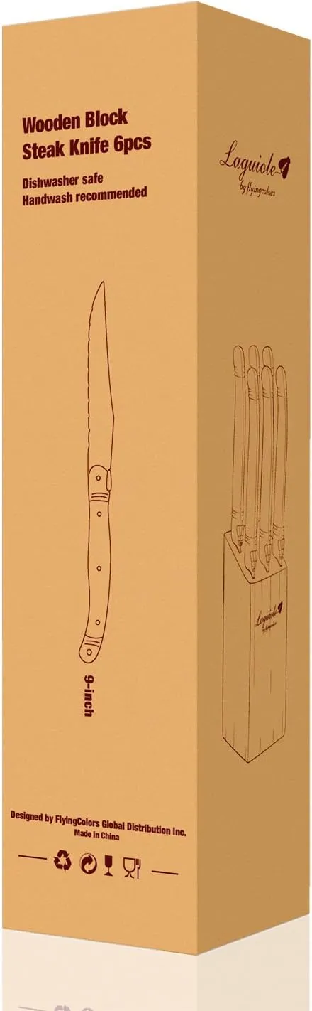 Laguiole By FlyingColors Steak Knife Set, Micro Serrated Blade, Stainless Steel, Wood Block, White Color Handle, 6 Pieces