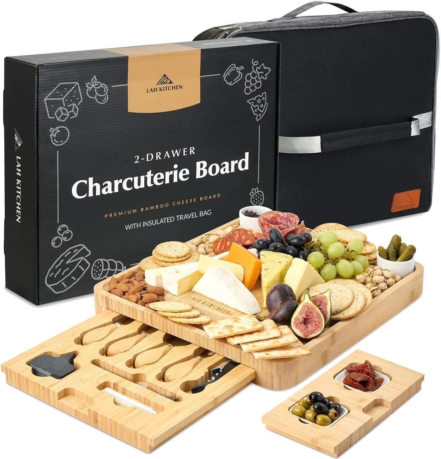 LAH Kitchen Large Charcuterie Board Gift Set: Insulated Travel Bag -Charcuterie Trays - Bamboo Cheese Board for Wedding Gifts - Holiday Gift for Woman -House Warming Gift Cheese Set 13” x 15 x 2”