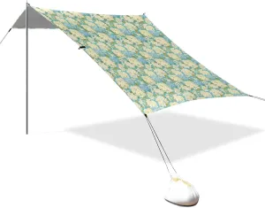 Large Blue White Florals Beach Canopy UPF50  Protection Easy Setup Sun Shade with Sand Shovel, Sandbags for Family Trips, Picnics & Camping