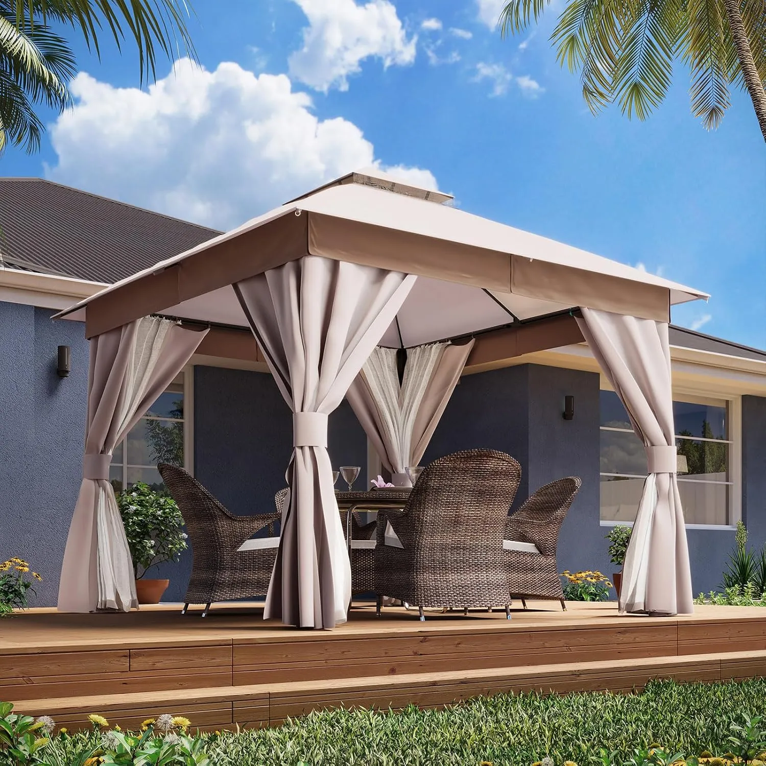 LAUSAINT HOME Outdoor Patio Gazebo 10'x10' with Expansion Bolts, Heavy Duty Party Tent & Shelter with Double Roofs, Mosquito Nettings and Privacy Screens for Backyard, Garden, Lawn, Khaki