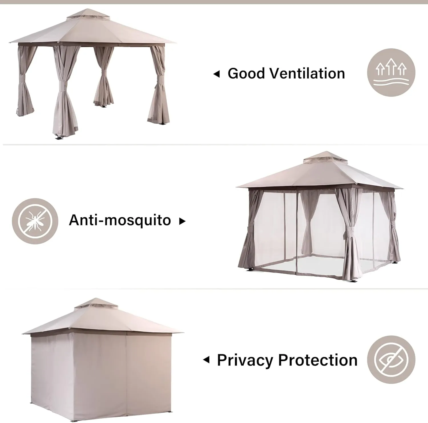 LAUSAINT HOME Outdoor Patio Gazebo 10'x10' with Expansion Bolts, Heavy Duty Party Tent & Shelter with Double Roofs, Mosquito Nettings and Privacy Screens for Backyard, Garden, Lawn, Khaki