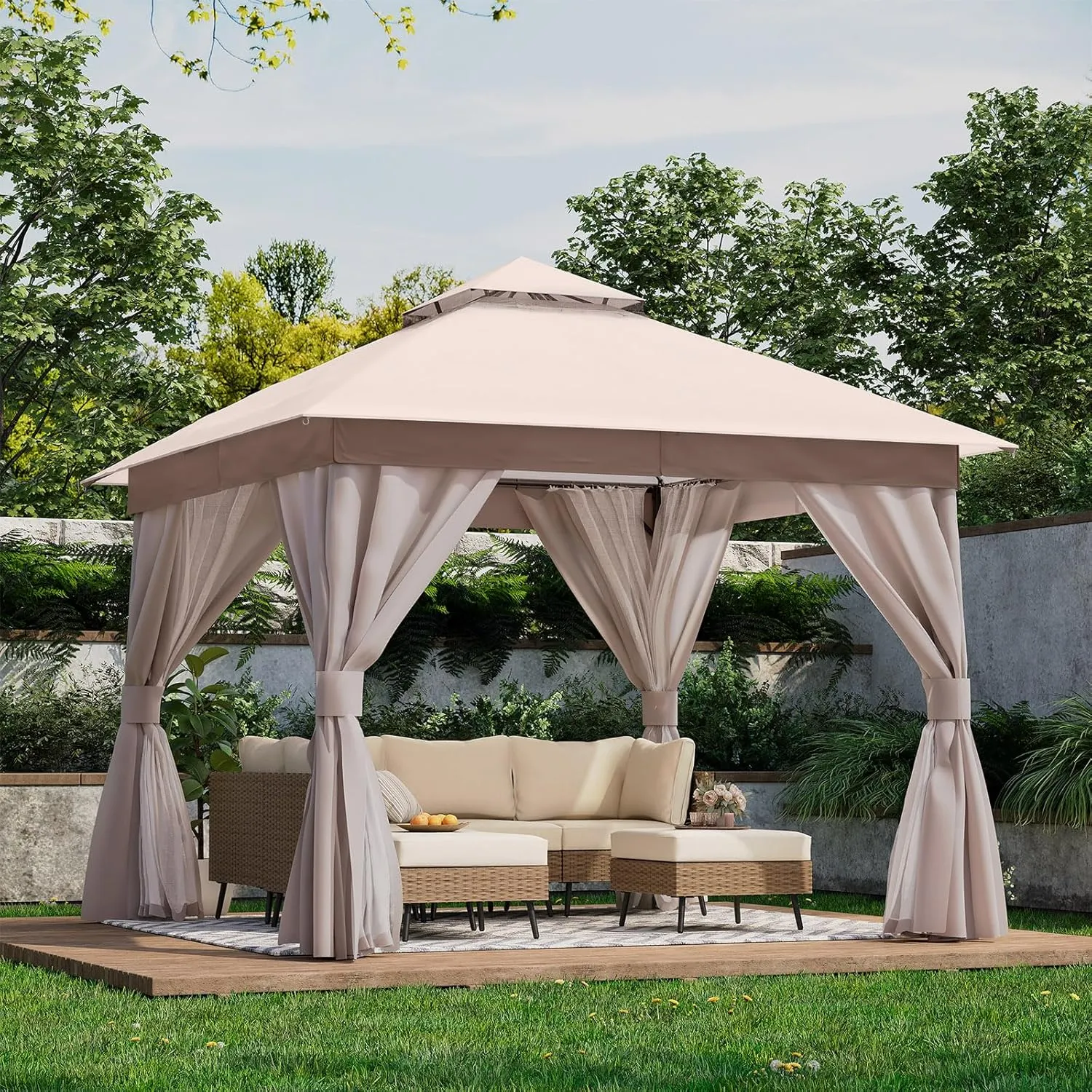 LAUSAINT HOME Outdoor Patio Gazebo 10'x10' with Expansion Bolts, Heavy Duty Party Tent & Shelter with Double Roofs, Mosquito Nettings and Privacy Screens for Backyard, Garden, Lawn, Khaki