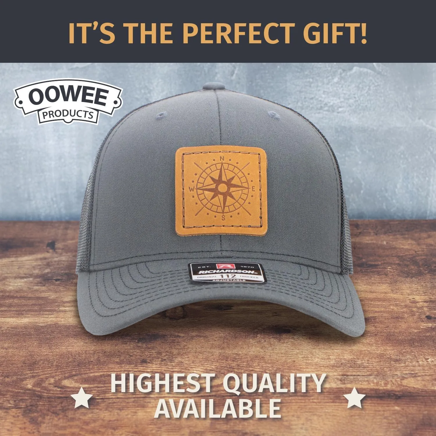 Leather Patch Hat for Men - Richardson 112 Trucker Hat w/Full-Grain Leather Patch, Laser-Engraved, Machine-Stitched