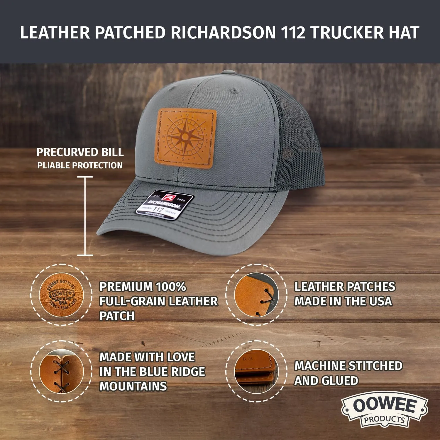Leather Patch Hat for Men - Richardson 112 Trucker Hat w/Full-Grain Leather Patch, Laser-Engraved, Machine-Stitched