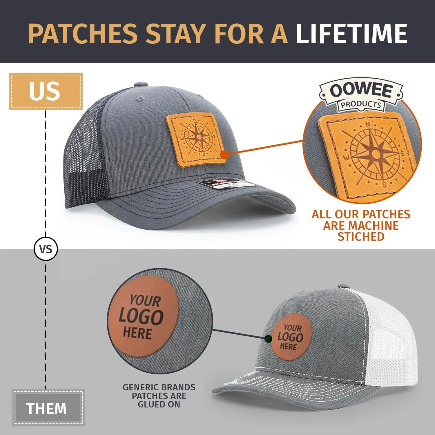 Leather Patch Hat for Men - Richardson 112 Trucker Hat w/Full-Grain Leather Patch, Laser-Engraved, Machine-Stitched