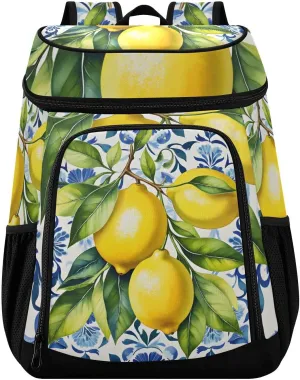 Lemon Italian Tile Blue E Cooler Backpack Cooler Insulated Leak Proof Lunch Backpack 36 Cans Waterproof Soft for Men Women Picnic Hiking Camping Beach
