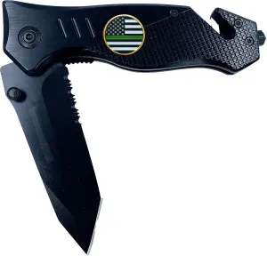 LEO Challenge Coins Thin Green Line Police Collectible 3-in-1 Tactical Officer Rescue Knife with Seatbelt Cutter, Steel Serrated Blade, Glass Breaker Border Patrol Army Marines Deputy Sheriff BPA CBP