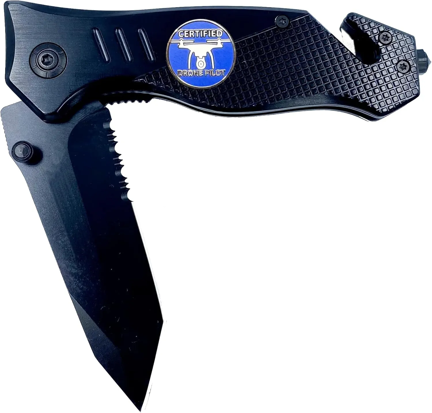 LEO Challenge Coins UAS FAA Commercial Drone Pilot Knife 3-in-1 Military Tactical Rescue knife tool with Seatbelt Cutter Steel Serrated Blade Glass Breaker