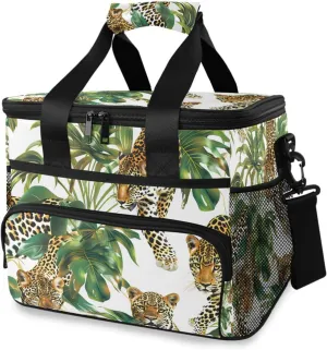 Leopard Tropical Plant Cooler Bag Insulated Cooler Soft Sided Cooler 24 Can Portable Picnic Bag Large Leakproof Lunch Bag Box for Beach Grocery Camping Travel Car Men Women